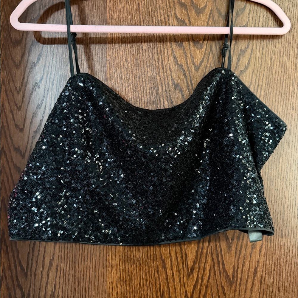 Never Fully Dressed Black Sequin Crop Top with Spaghetti Straps size 16